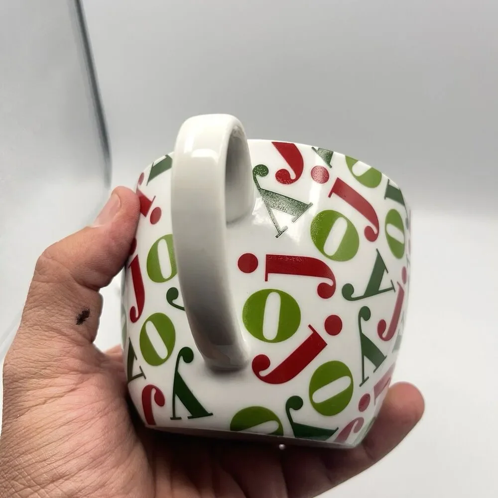 Pair Vintage Crate & Barrel 16oz JOY Mugs Holiday Christmas Red/Green Porcelain